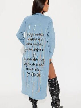 •Inspired• Light Wash Denim Duster Coat w/Graffiti Paint Splatter | Denim Trench